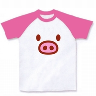 【かわいい豚グッズ！】かわキャラシリーズ　ブタちゃん顔 ラグランTシャツ(ホワイト×ピンク)